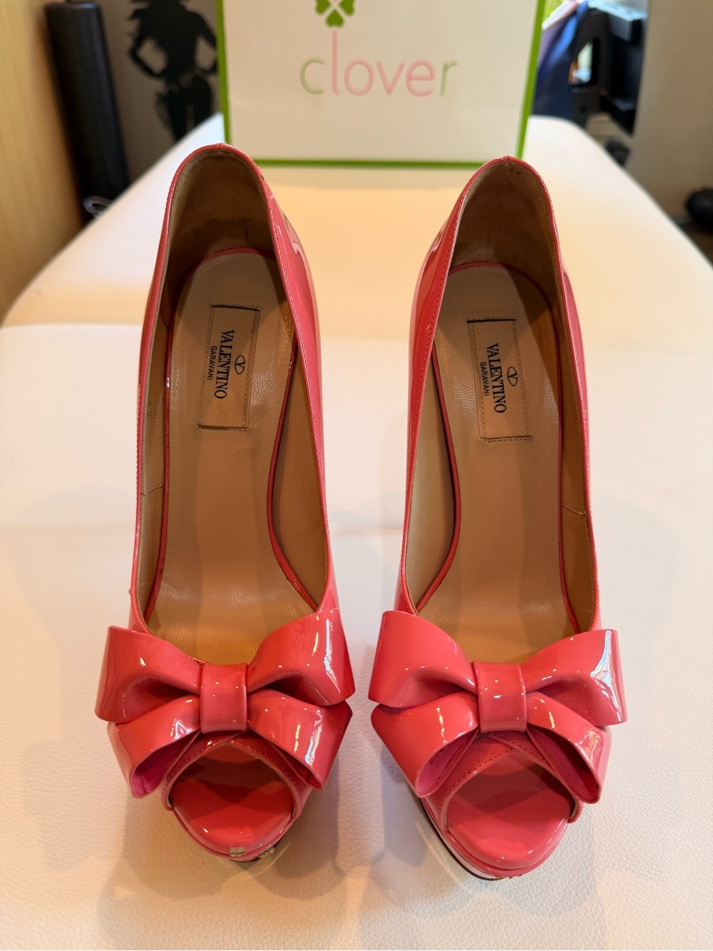 Valentino Garavani Coral Pink Patent Peep-Toe Bow Pumps